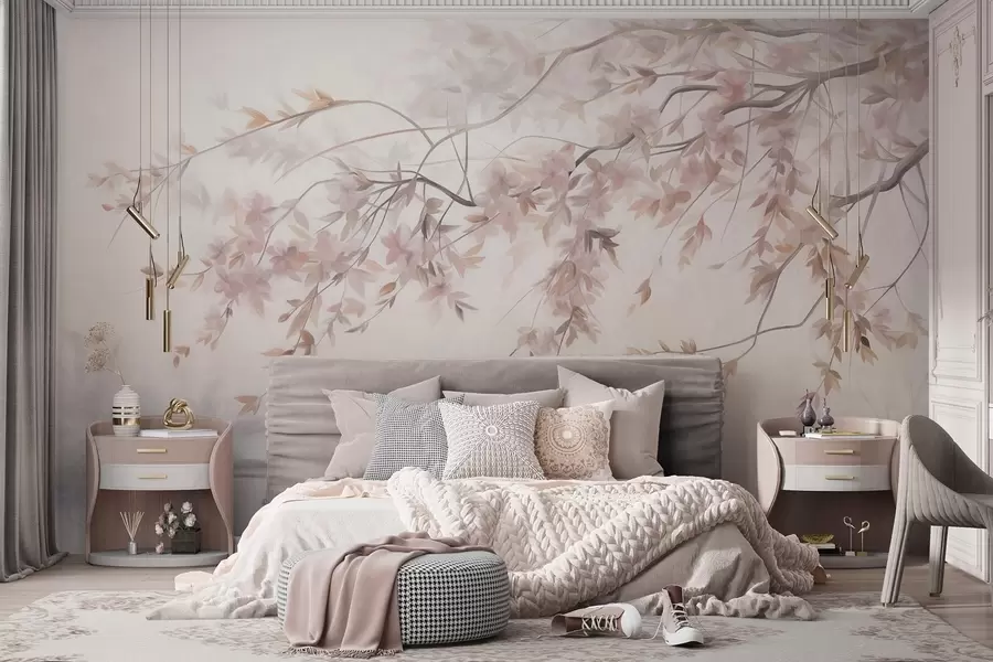 murales de pared Paisaje texturizado con rama de cerezo en flor, hojas rosadas y fondo suave y brumoso. w09743