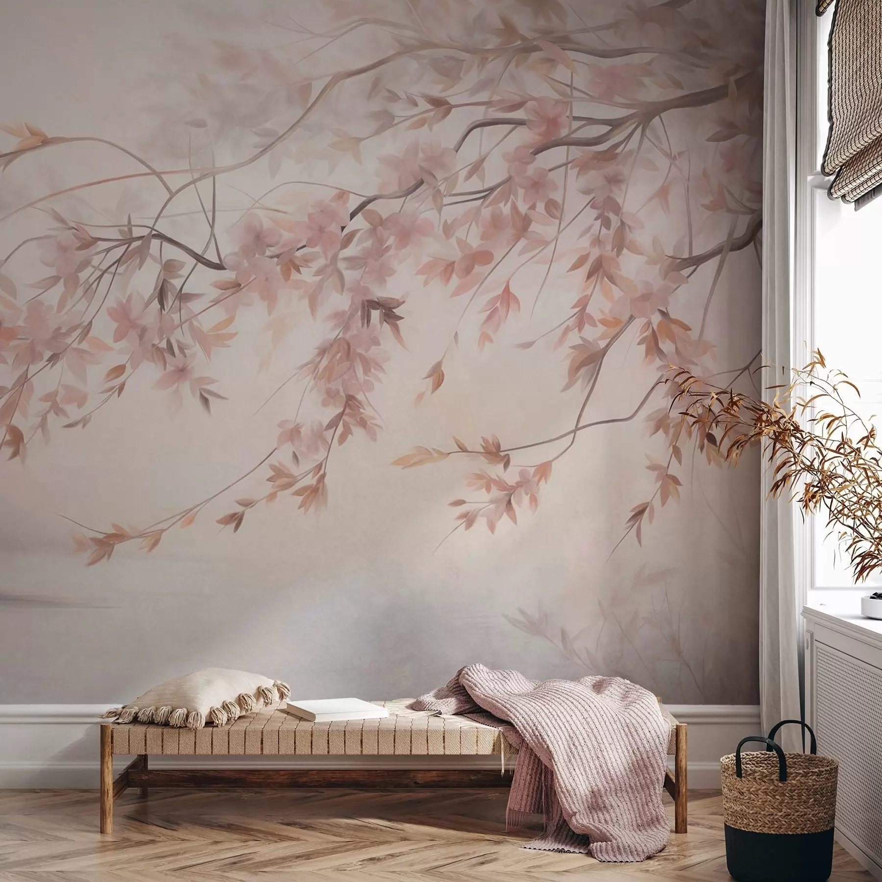 murales de pared Paisaje texturizado con rama de cerezo en flor, hojas rosadas y fondo suave y brumoso. w09743