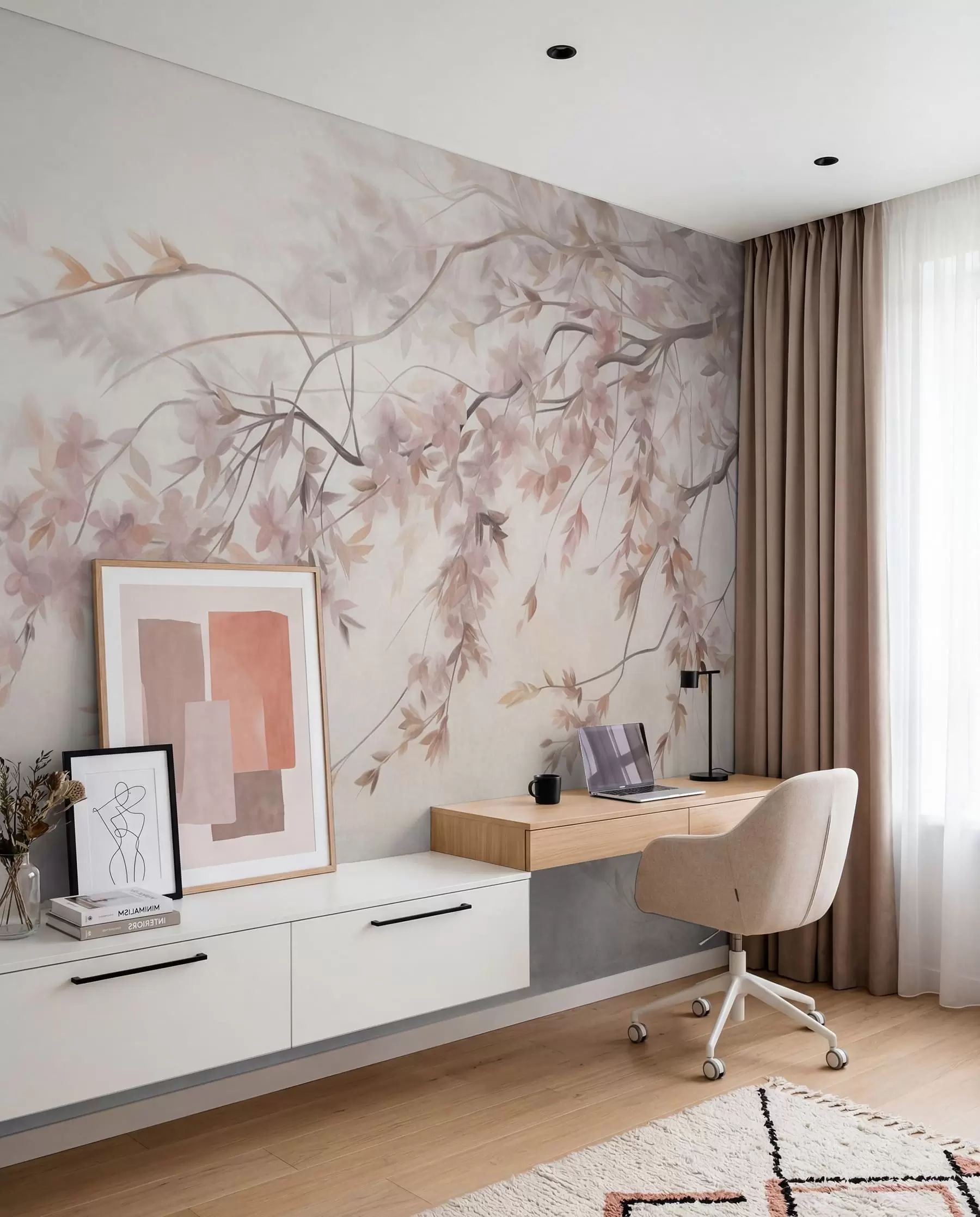 murales de pared Paisaje texturizado con rama de cerezo en flor, hojas rosadas y fondo suave y brumoso. w09743