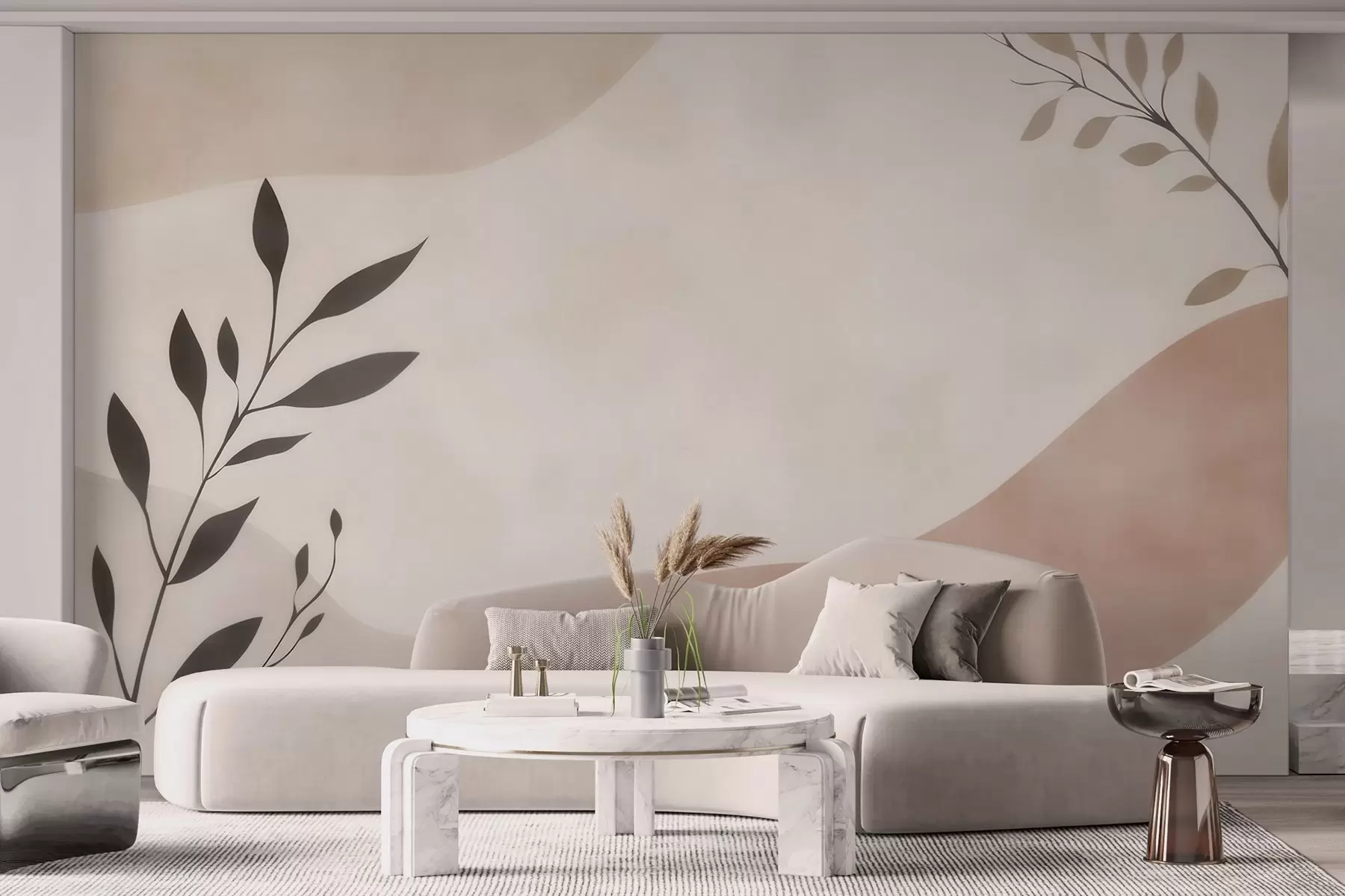 murales de pared Olas abstractas en tonos beige y melocotón con ramas w09722