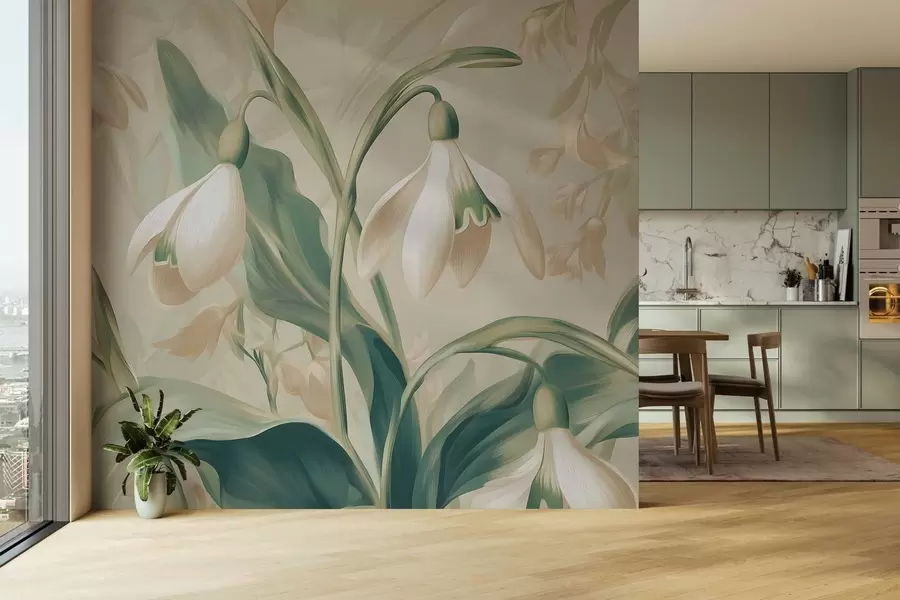 murales de pared flores de nieve en flor sobre un fondo beige w05234