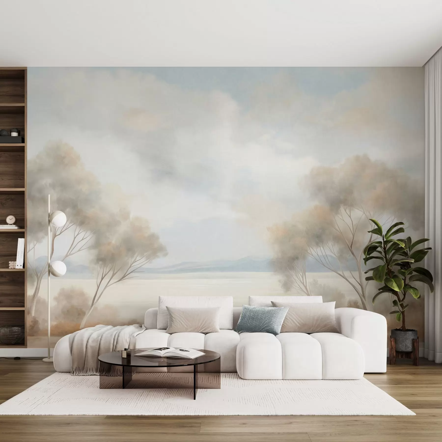 murales de pared Un estilo de pintura con textura paisajística con árboles bajo un cielo nublado. w09753