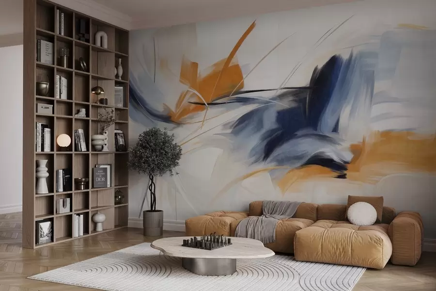 murales de pared Estilo de pintura abstracta con pinceladas texturizadas en naranja y azul. w09755