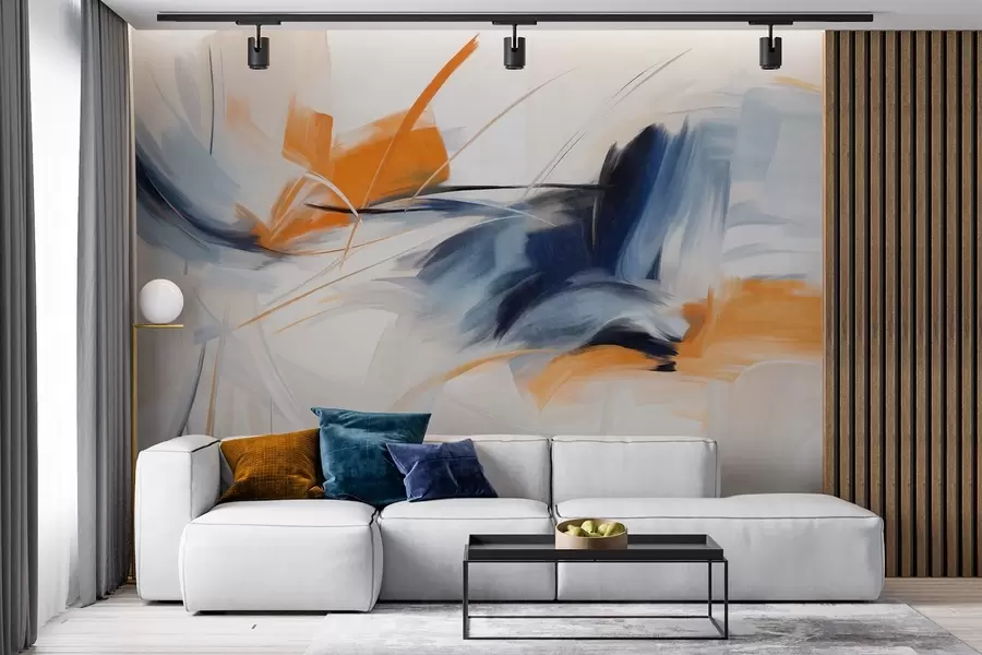 murales de pared Estilo de pintura abstracta con pinceladas texturizadas en naranja y azul. w09755