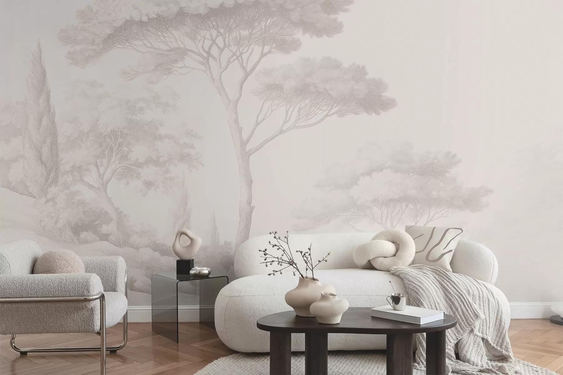 murales de pared Tranquilo paisaje forestal en una paleta de colores beige. w09685