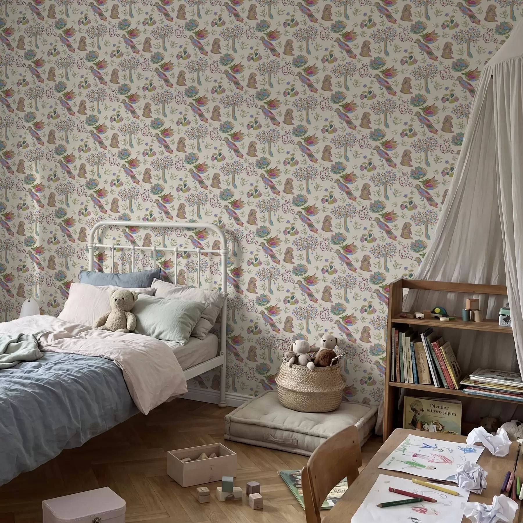 murales de pared Colorido estampado infantil con pájaros y conejos. a01127