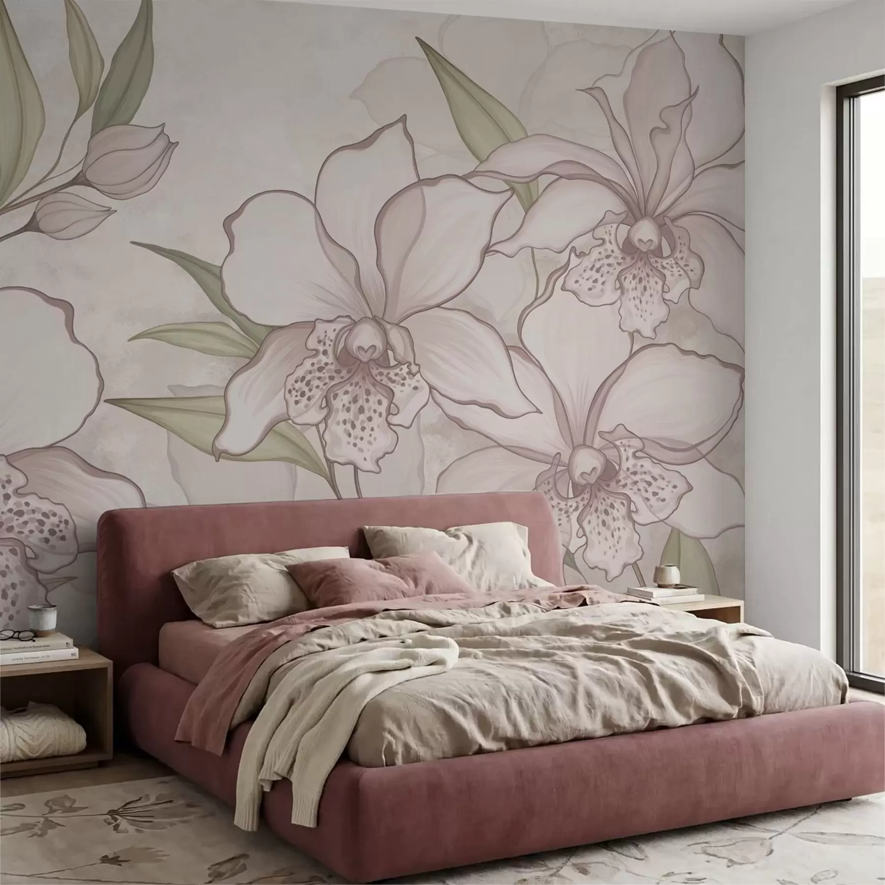 murales de pared Ilustración de orquídeas pálidas con hojas sobre fondo beige. w05117