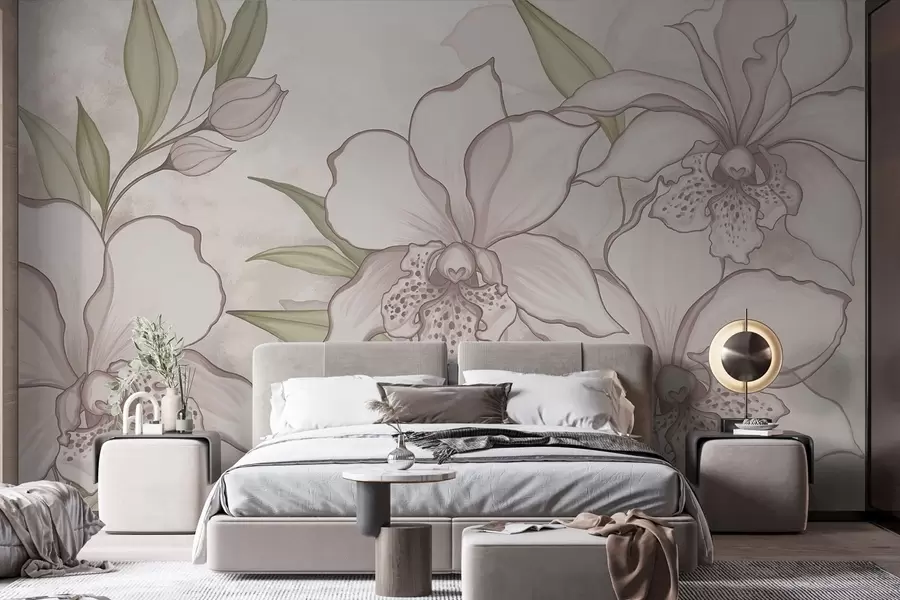 murales de pared Ilustración de orquídeas pálidas con hojas sobre fondo beige. w05117