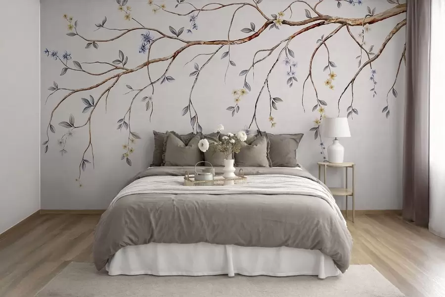 murales de pared Ramas delgadas con pequeñas flores sobre fondo claro. w05145