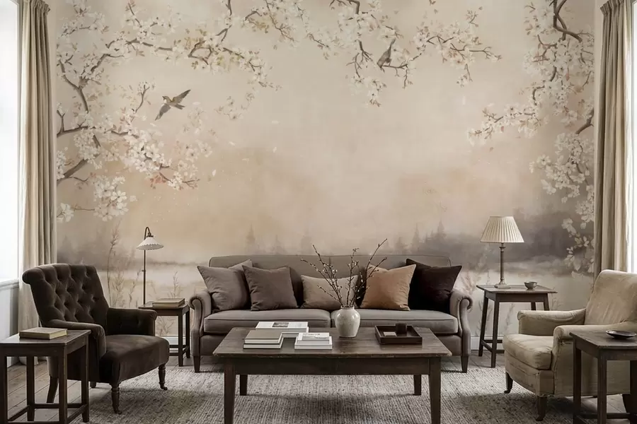 murales de pared Delicadas ramas en flor junto al lago con pájaros en una ligera niebla. w05155