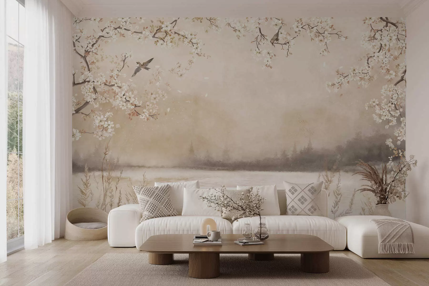 murales de pared Delicadas ramas en flor junto al lago con pájaros en una ligera niebla. w05155