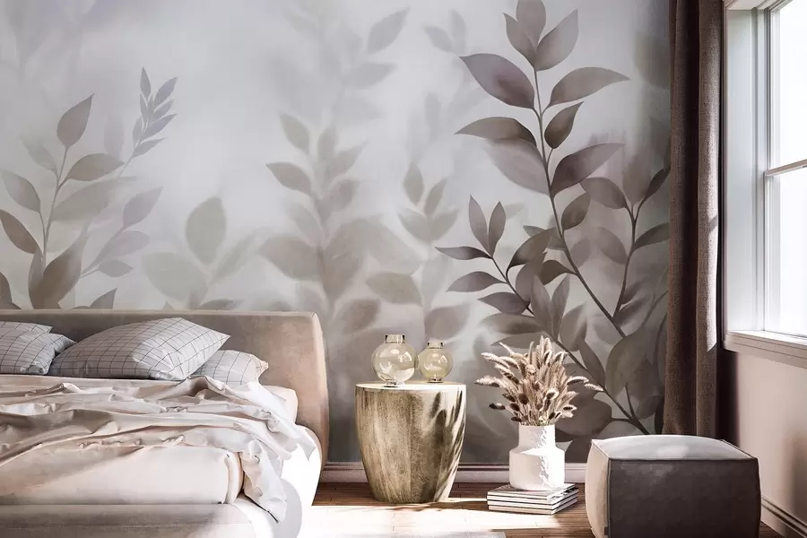 murales de pared Ramas delicadas con hojas de tonos marrones y beiges apagados, estilo acuarela, arte con textura. w09750