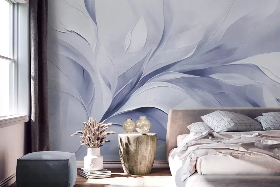 murales de pared Estilo pictórico abstracto con textura de hojas fluidas en tonos azul pálido y blanco. w09765