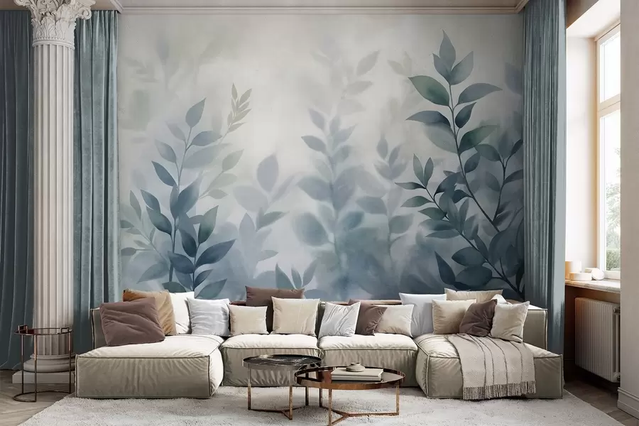 murales de pared Ramas delicadas con hojas de color azul apagado, estilo de pintura acuarela, arte con textura. w09750v1