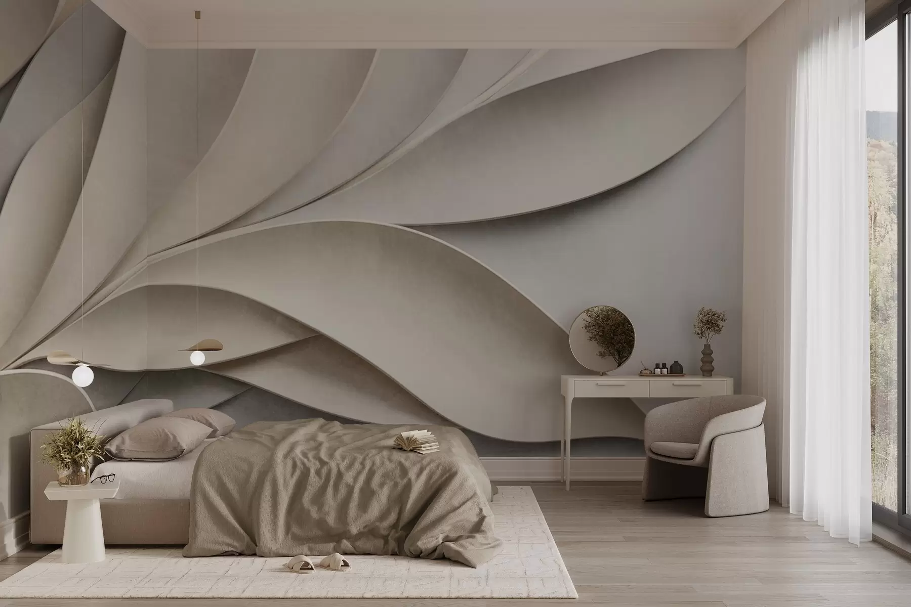 murales de pared Hojas abstractas en beige y gris, arte moderno con textura. w09769