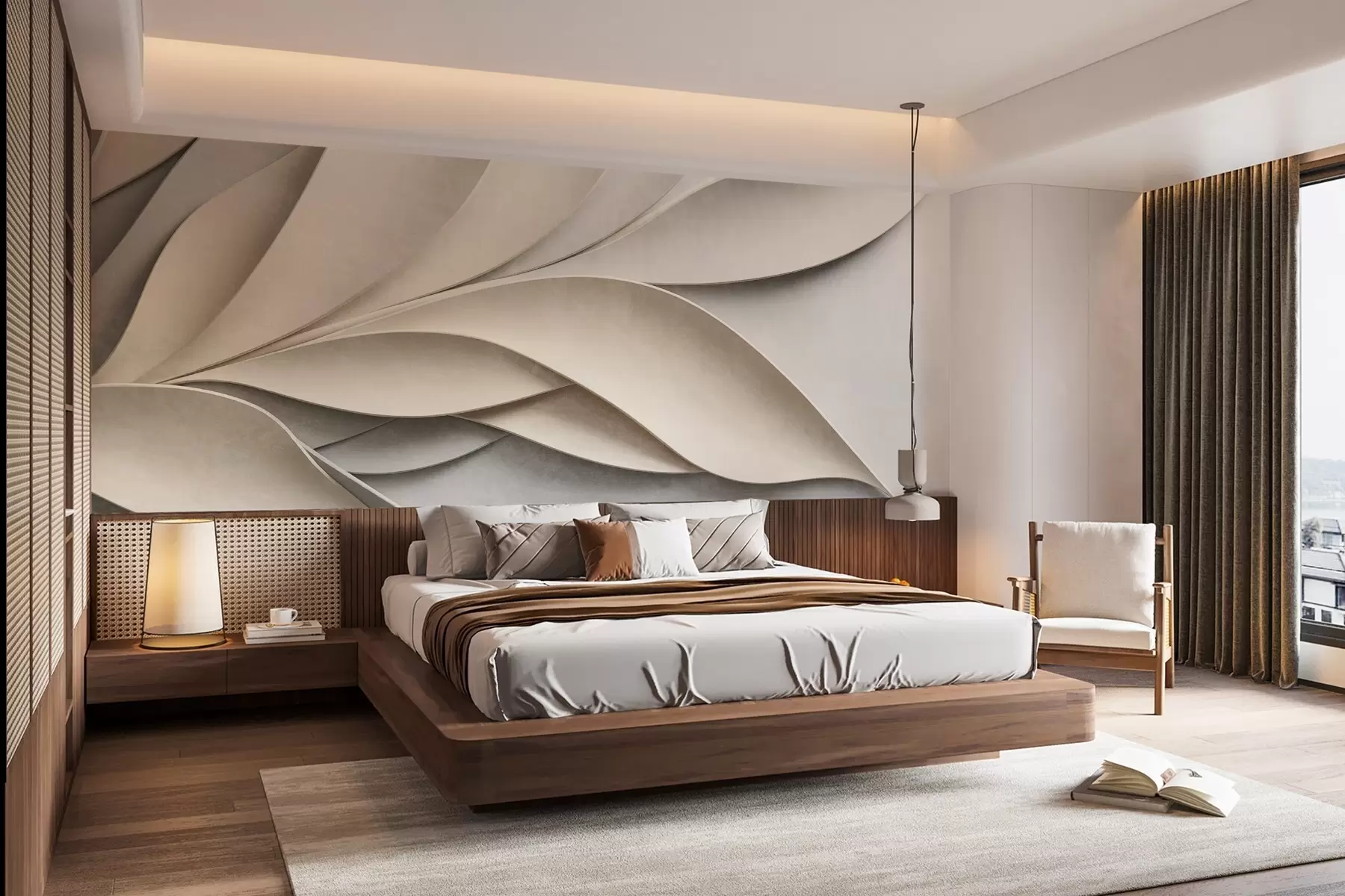 murales de pared Hojas abstractas en beige y gris, arte moderno con textura. w09769