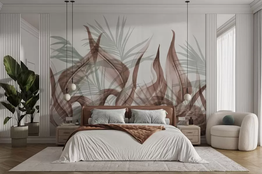 murales de pared Hojas tropicales en tonos marrones y verdes sobre fondo blanco, estilo acuarela con textura. w09772