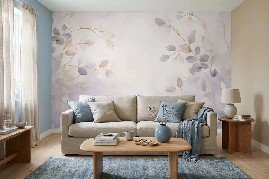 murales de pared Ramas frondosas y delicadas sobre un fondo suave y difuminado w05296