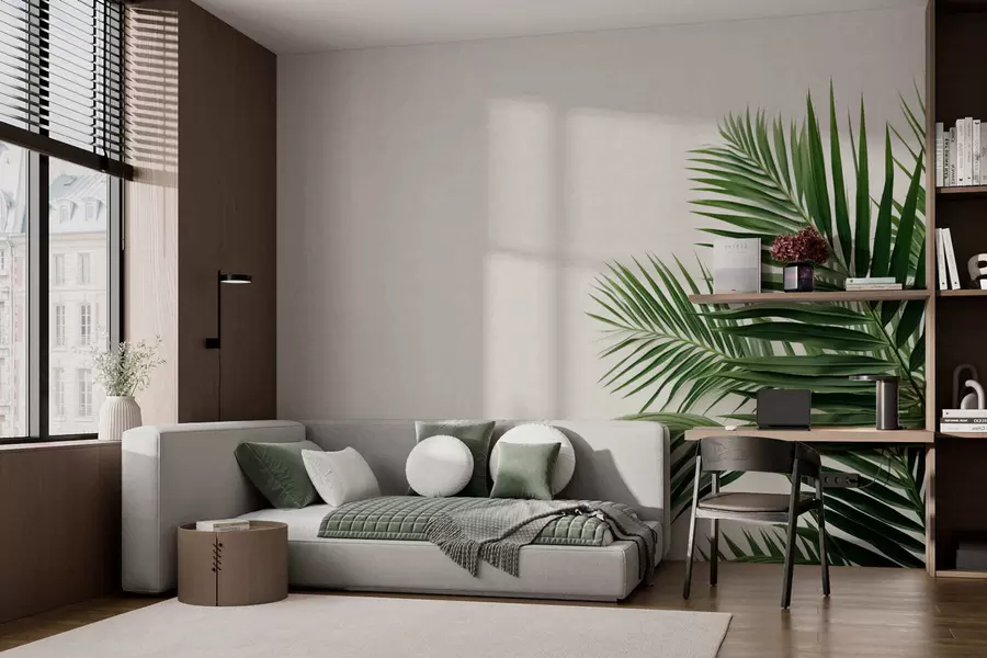 murales de pared Hojas de palmera verdes sobre un fondo claro w05391