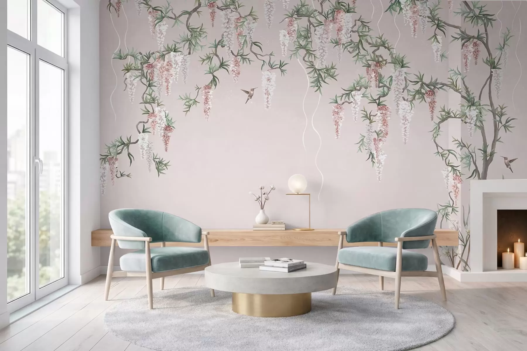 murales de pared Ramas en flor con capullos rosas y pájaros w05394v1