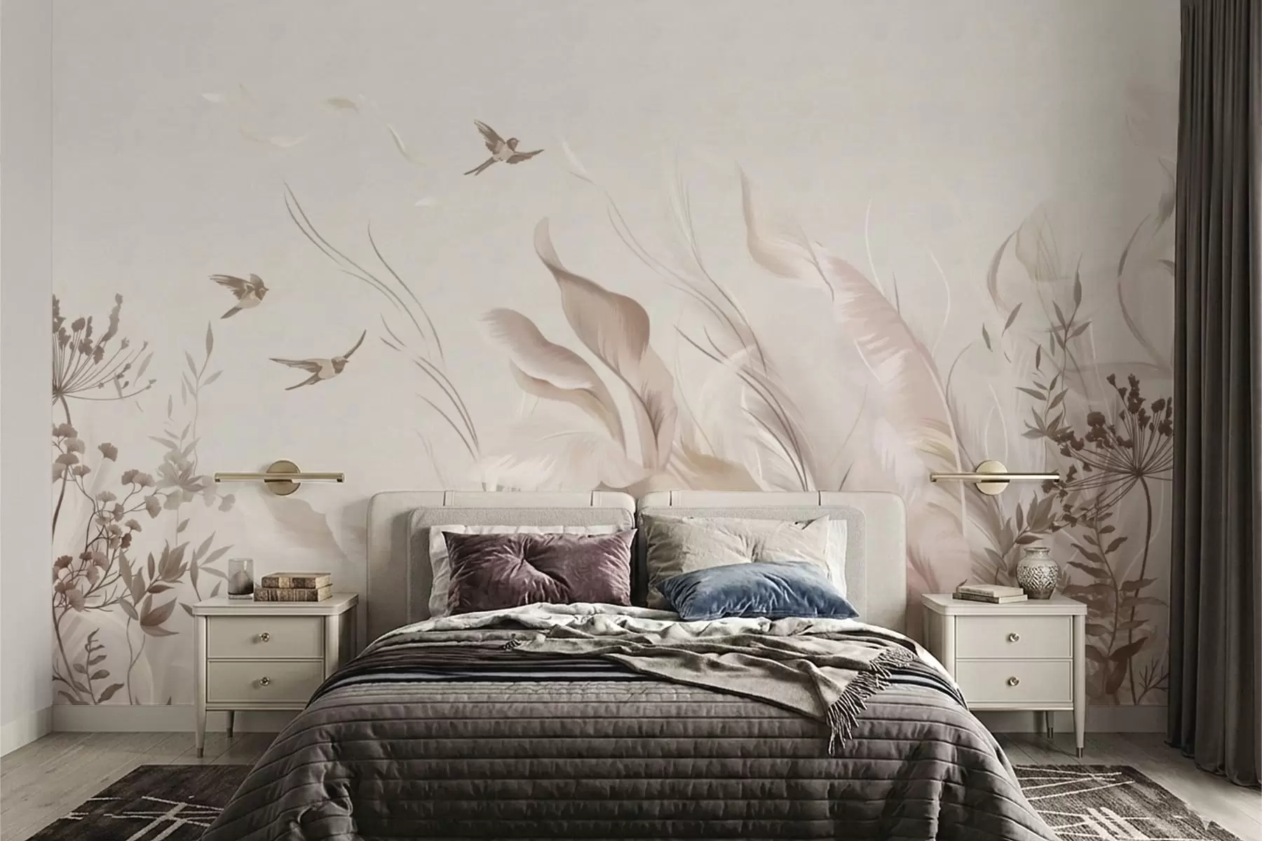 murales de pared Plumas suaves, hierbas y pájaros en tonos claros w05395