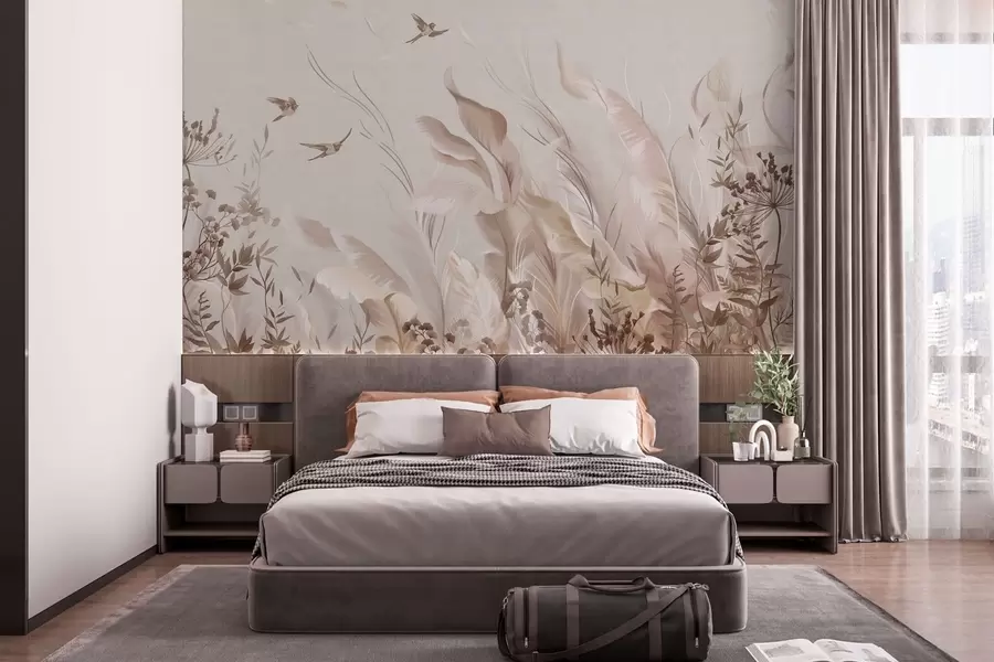 murales de pared Plumas suaves, hierbas y pájaros en tonos claros w05395