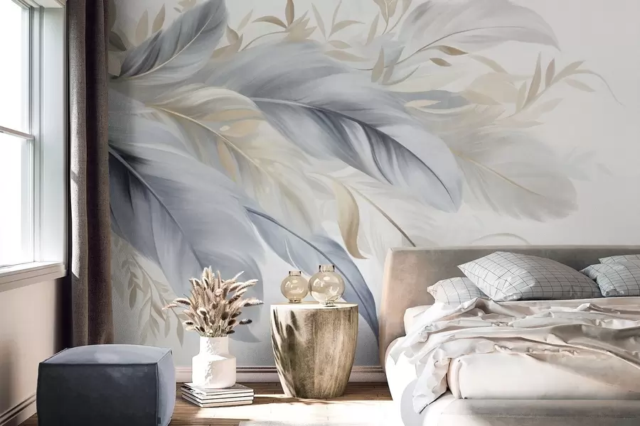 murales de pared Plumas con textura en tonos pastel y delicadas hojas sobre un fondo claro w09763