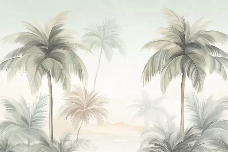 murales de pared Palmeras con hojas de textura rugosa en tonos verdes apagados y beige, recortadas contra un cielo suave w09770
