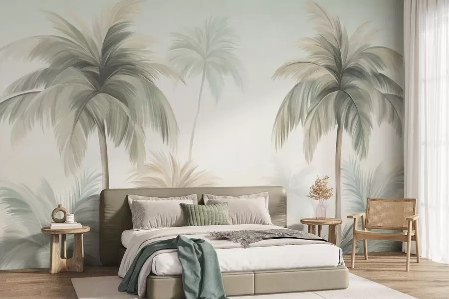 murales de pared Palmeras con hojas de textura rugosa en tonos verdes apagados y beige, recortadas contra un cielo suave w09770