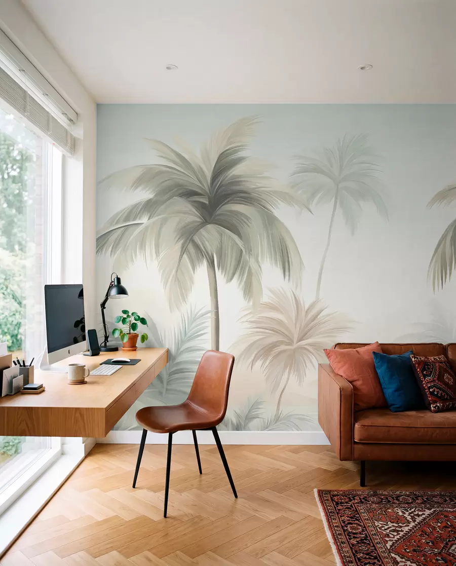 murales de pared Palmeras con hojas de textura rugosa en tonos verdes apagados y beige, recortadas contra un cielo suave w09770