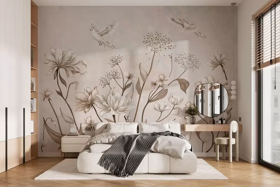 murales de pared Flores claras y pájaros sobre un fondo suave w05118