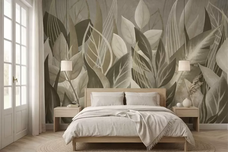 murales de pared Hojas abstractas en tonos beige y verde w05148