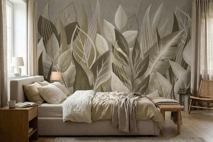 murales de pared Hojas abstractas en tonos beige y verde w05148
