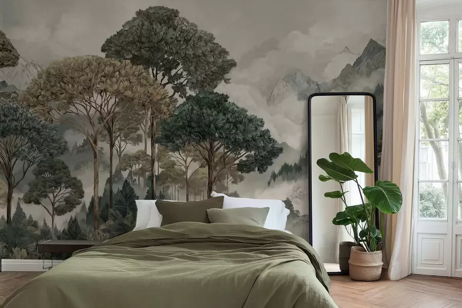 murales de pared Paisaje montañoso con bosque en tonos suaves w05410v1