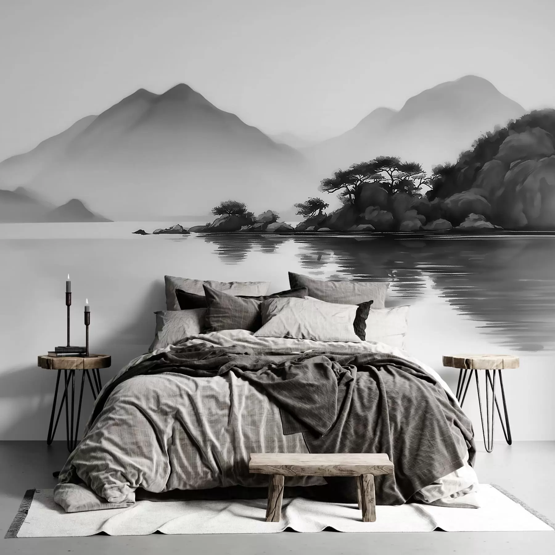murales de pared Paisaje en blanco y negro con montañas y un lago envueltos en una suave niebla w09803