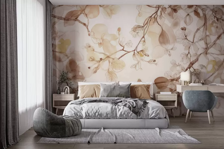 murales de pared Ramas etéreas que cuelgan en tonos beige, en estilo acuarela w09795