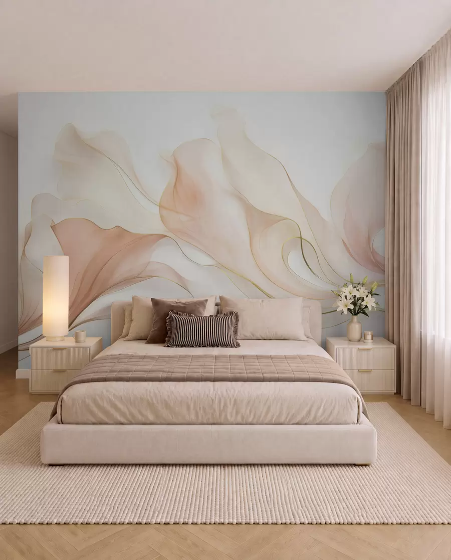 murales de pared Textura fluida y abstracta en tonos melocotón y crema con líneas delicadas w09815