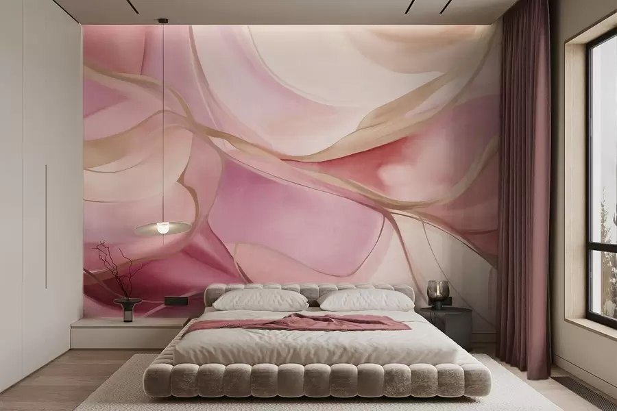 murales de pared Formas fluidas con texturas abstractas en tonos rosa y beige, con delicadas líneas amarillas w09818