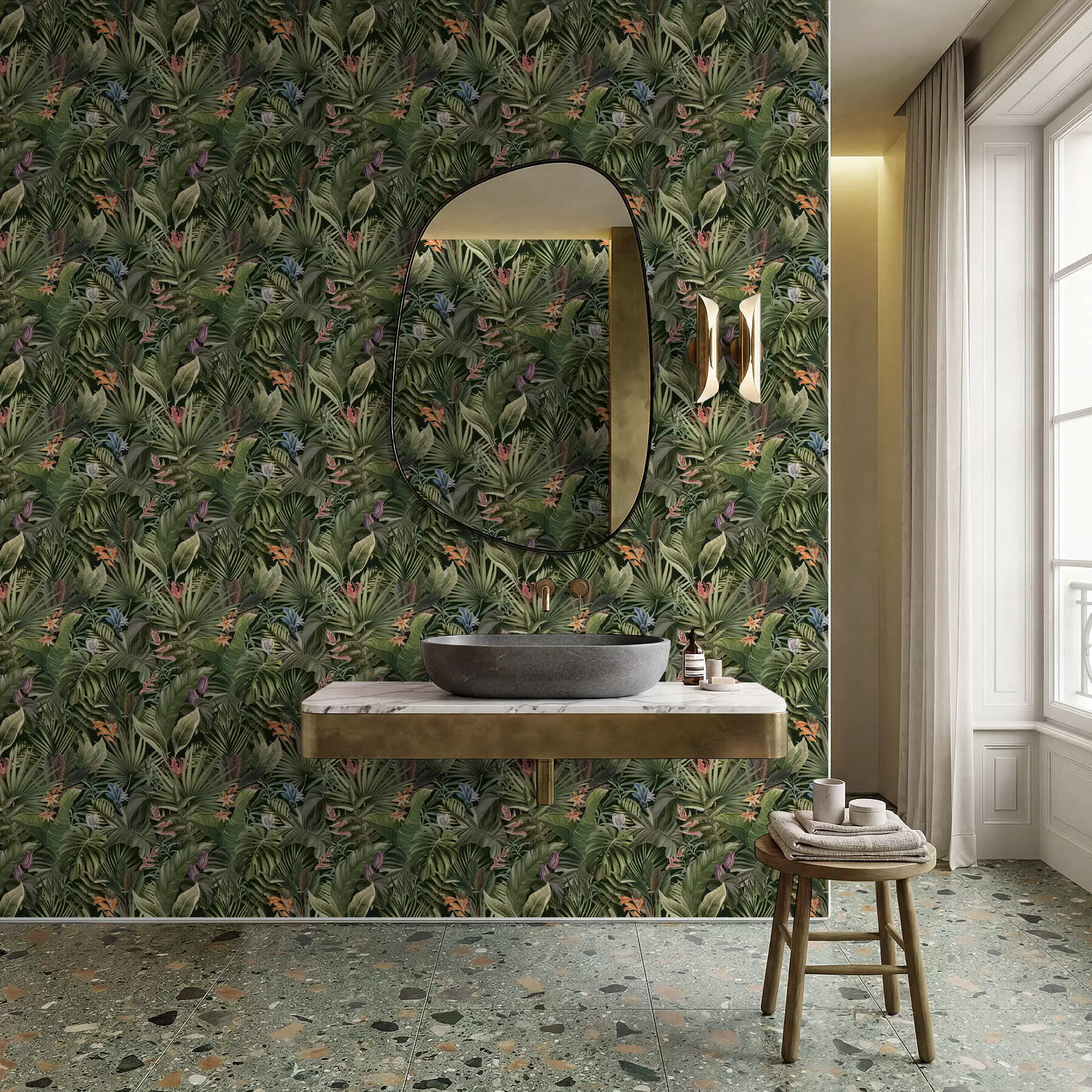 murales de pared Hojas tropicales con flores sobre fondo oscuro a01153