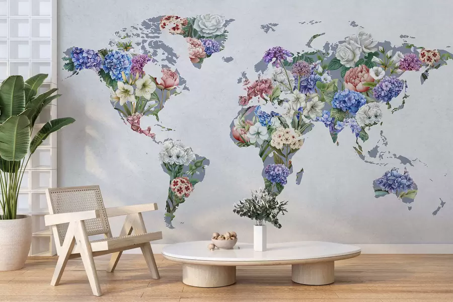 murales de pared Un colorido mapa del mundo elaborado con una gran variedad de flores de vivos colores c00006