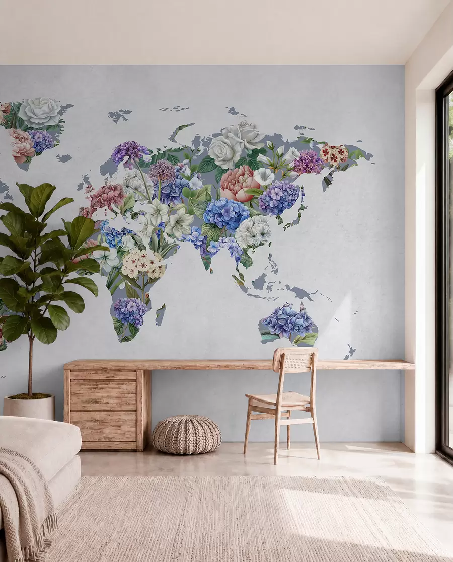 murales de pared Un colorido mapa del mundo elaborado con una gran variedad de flores de vivos colores c00006