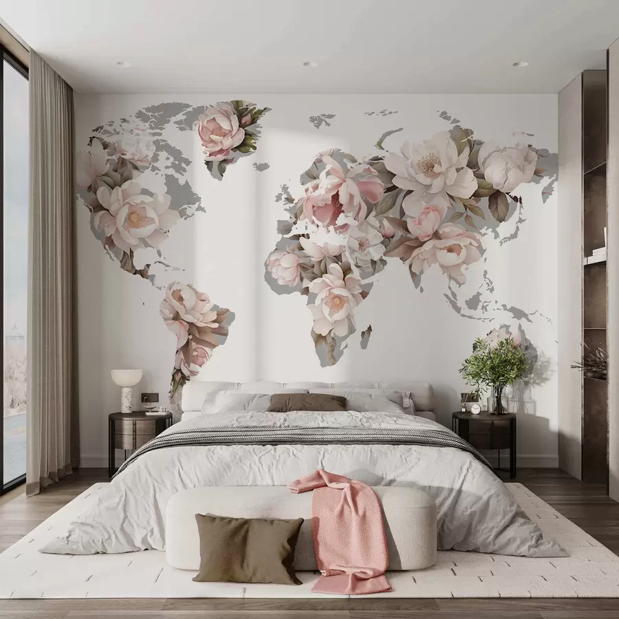 murales de pared Un delicado y cremoso mapamundi hecho con flores c00008