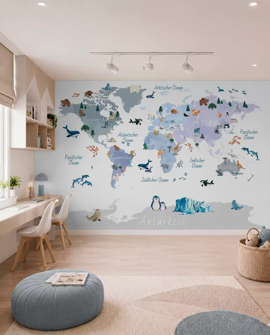 murales de pared Un mapa azul de estilo acuarela en el que aparecen animales, plantas y elementos arquitectónicos. Etiquetas en alemán c00009dev1