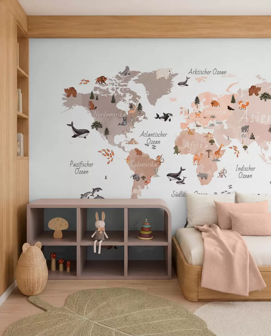 murales de pared Un mapa en tonos beige, con un estilo de acuarela, en el que aparecen animales, plantas y elementos arquitectónicos. Las leyendas están en alemán. c00009dev3