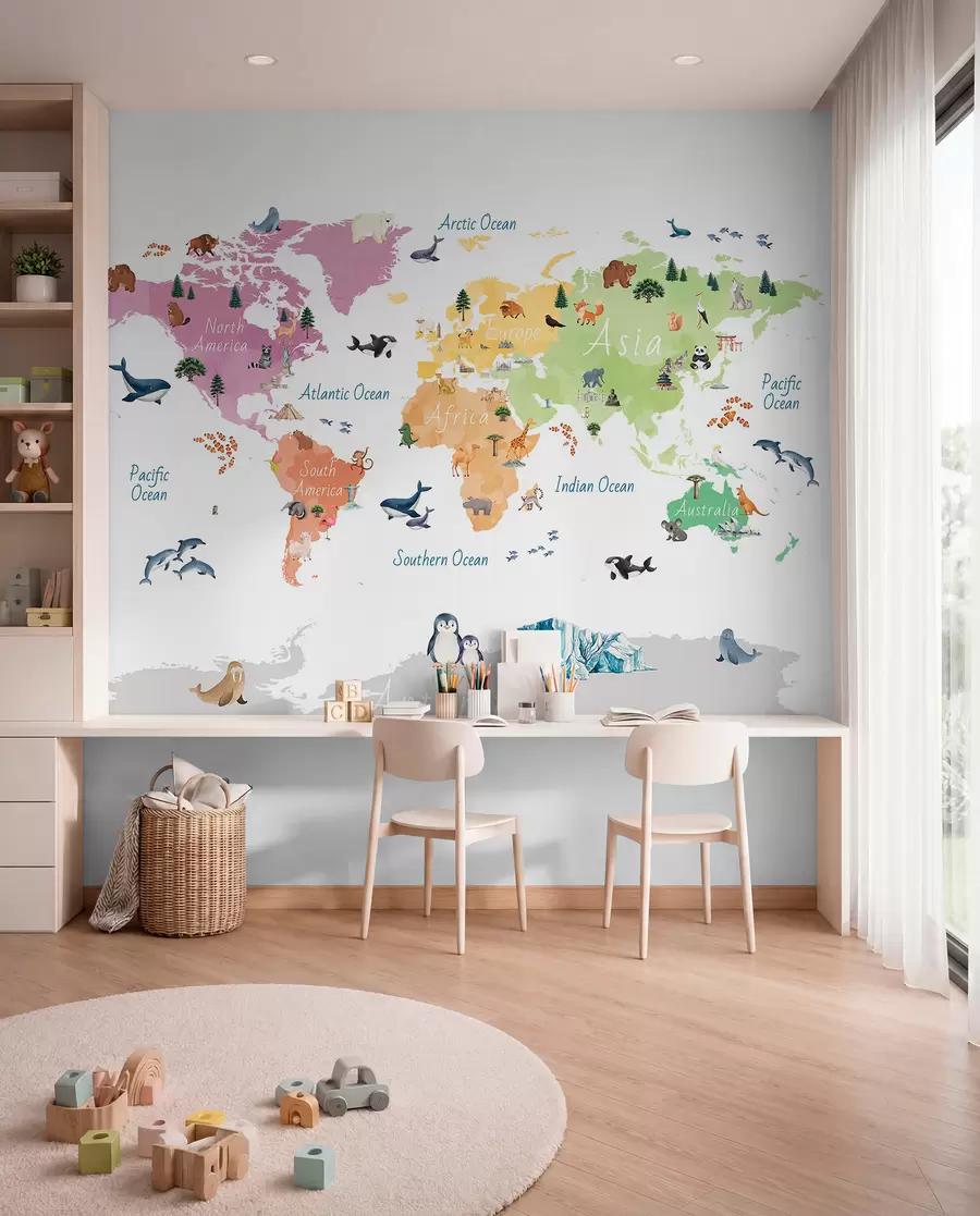 murales de pared Un mapa a color con estilo de acuarela en el que aparecen animales, plantas y elementos arquitectónicos. Etiquetas en inglés c00009en