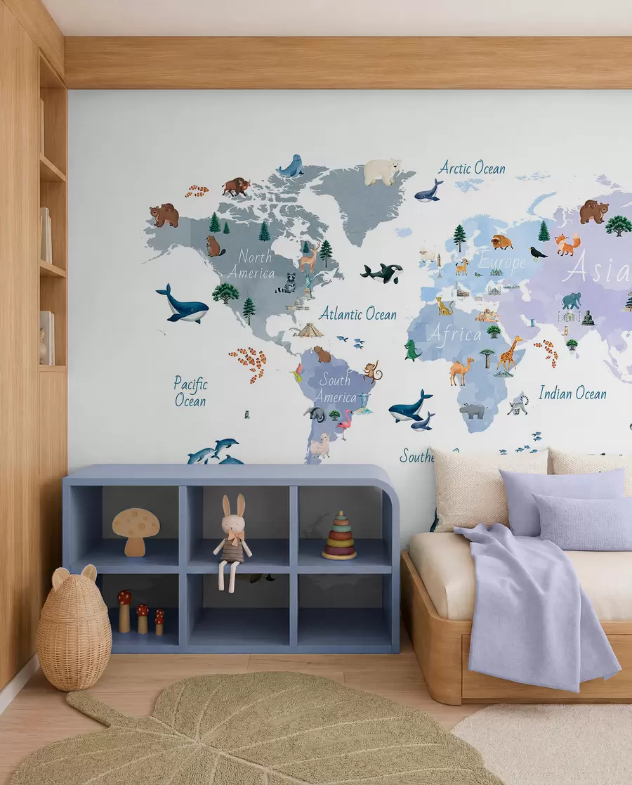 murales de pared Un mapa azul de estilo acuarela en el que aparecen animales, plantas y elementos arquitectónicos. Etiquetas en inglés c00009env1