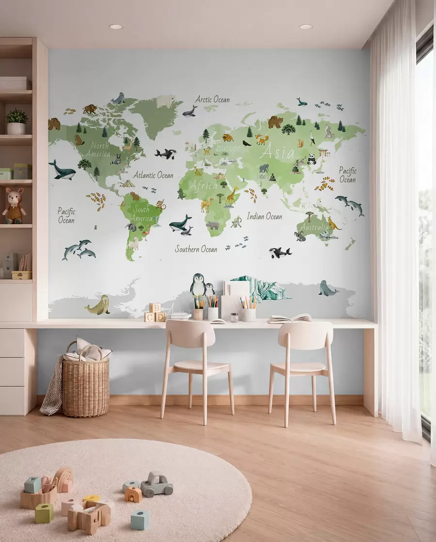 murales de pared Un mapa de Green en estilo acuarela con animales, plantas y arquitectura. Etiquetas en inglés c00009env2