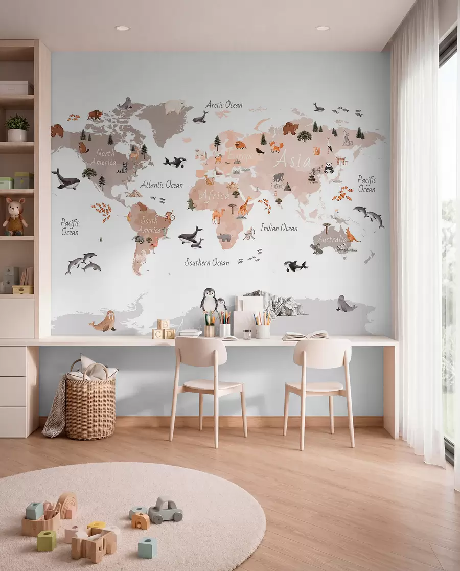 murales de pared Un mapa en tonos beige, con un estilo de acuarela, en el que aparecen animales, plantas y elementos arquitectónicos. Etiquetas en inglés c00009env3
