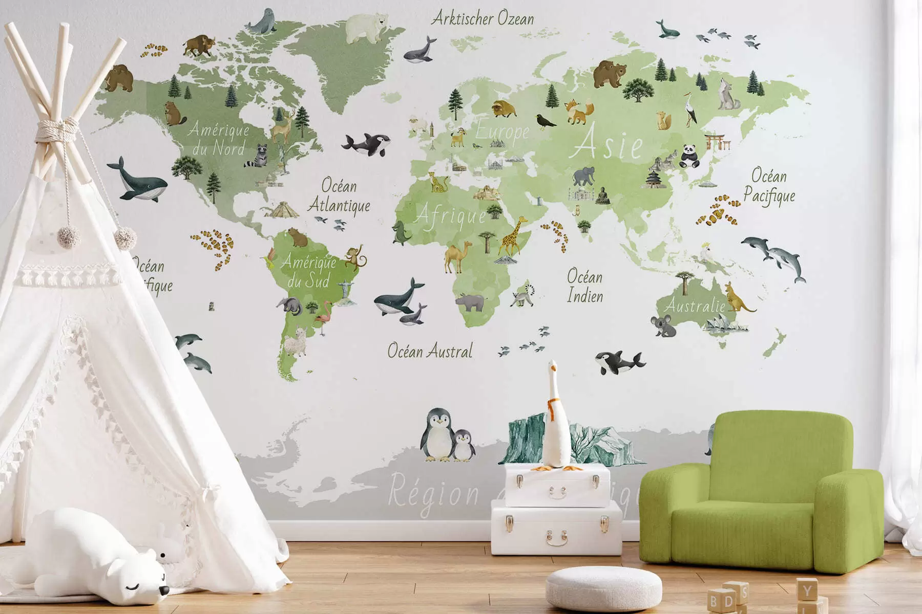 murales de pared Un mapa de Green en estilo acuarela con animales, plantas y arquitectura. Etiquetas en francés c00009frv2