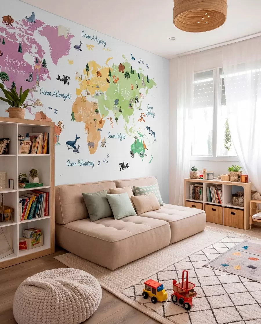 murales de pared Un mapa a color con estilo de acuarela en el que aparecen animales, plantas y elementos arquitectónicos. Rótulos en polaco c00009pl
